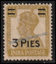 1946 BRITISH INDIA - 3p on 1a 3p Yellow - Brown - King George VI Multi Star W/M Used Stamp S.G:282