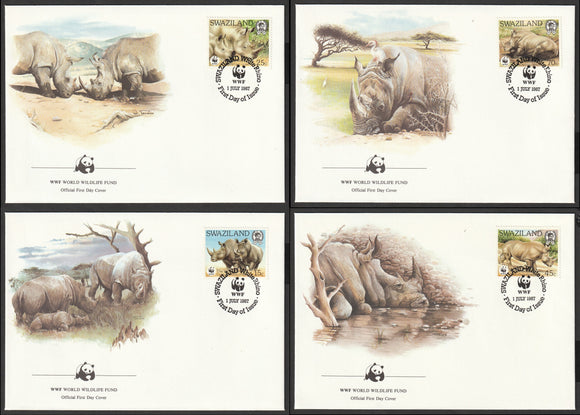 1987 Swaziland WWF World wide Fund For Nature White Rhinoceros Set of 4 FDC #FE281