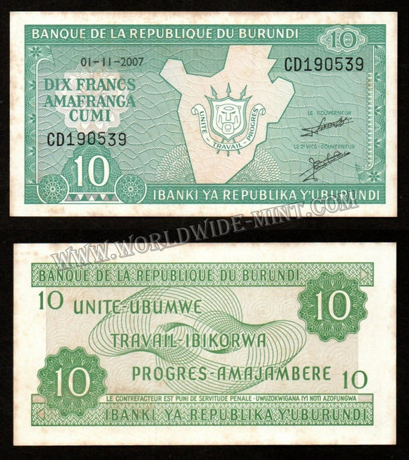 Burundi 10 Francs 2007 XF+ Currency Note #CN28