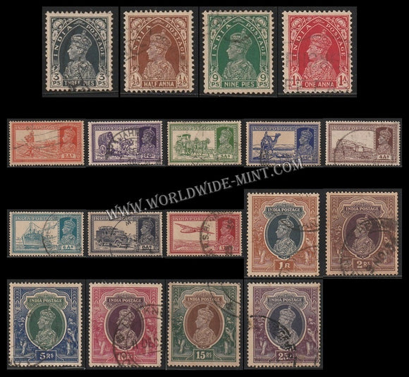 1937 - 1940 BRITISH INDIA - Set of 17 - King George VI Multi Star W/M Used Stamp S.G:264a