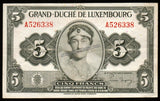 Luxembourg 5 Francs - 1944 Fine Bank Note #UCN309
