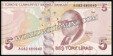 Turkey 5 Lira - 2009 P#222a UNC Bank Note N#329184 #CN1361