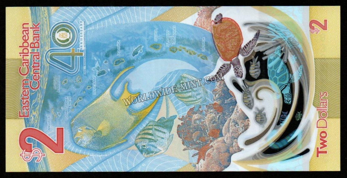thumbnail image 2 of Eastern Caribbean 2 Dollars UNC 2023 Polymer Banknote – Latin America/Caribbean Currency 2 of 6