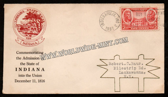 1937 USA Commemorating The Admission Of The State Of Indiana FDC #FA38