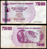 Zimbabwe 750 000 Dollars - 2007 P# 52 XF Bank Note N#207510 #UCN391