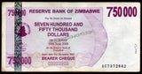 Zimbabwe 750 000 Dollars - 2007 P# 52 XF Bank Note N#207510 #UCN391