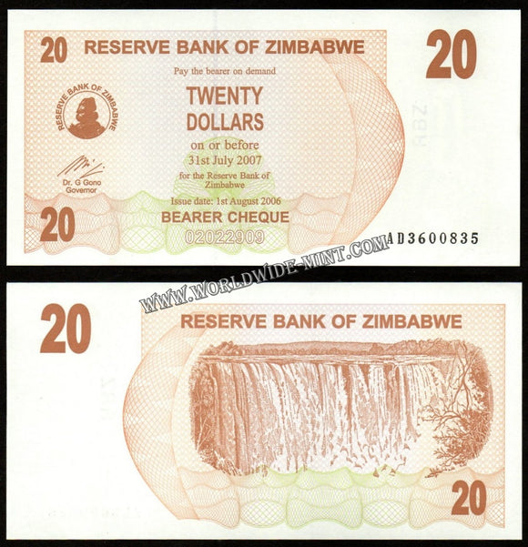 Zimbabwe 2006 -  20 Dollars Bearer Cheque UNC Currency Note N#207484