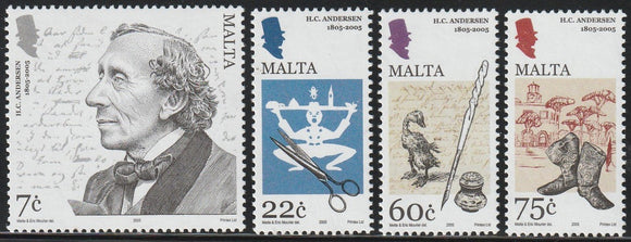 2005 Malta The 200th Anniversary of the Birth of Hans Christian Andersen (Danish author) - Joint Issue with Denmark Set of 4 MNH - Scissors, Pen, Duck, Shoes #FOR-450