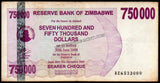 Zimbabwe 750000 Dollars - 2007 P# 52 XF Bank Note N#207510 #UCN465