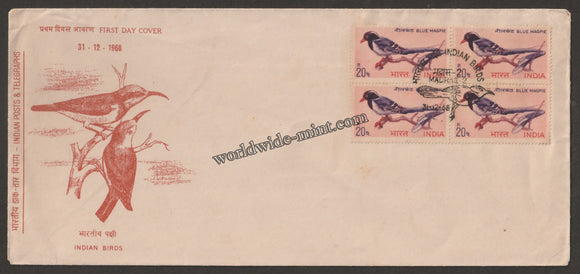 1968 Birds Series-Blue Magpie Block of 4 FDC
