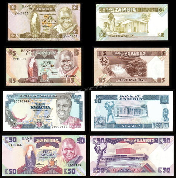 Zambia 2, 5, 10, 50 Kwacha set of 4 UNC Currency Note #CN47