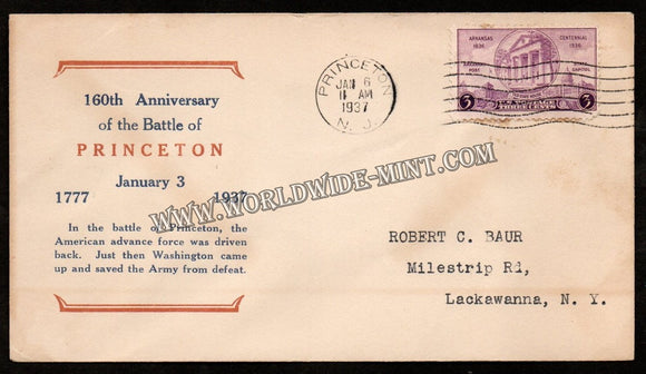 1937 USA 160th Anniversary Of The Battle Of Princeton FDC #FA50