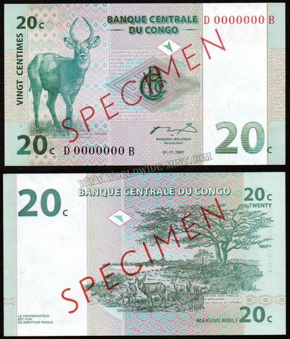 Congo 20 Francs Specimen 1997 UNC Currency Note #CN59