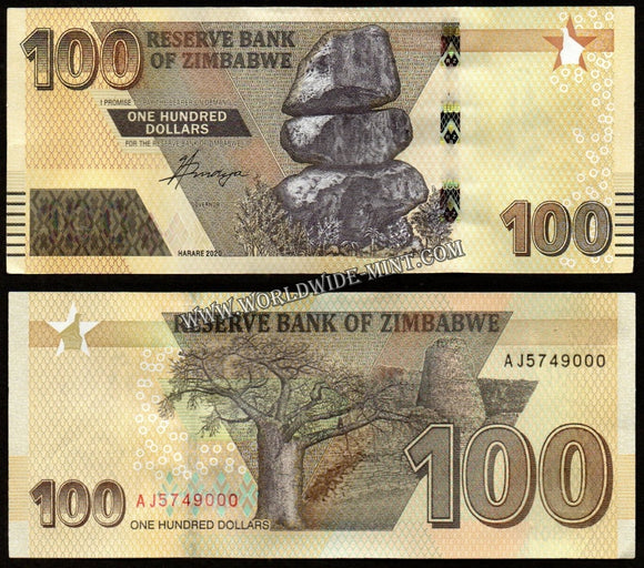 Zimbabwe 2020 -  100 Dollars UNC Currency Note N#266443