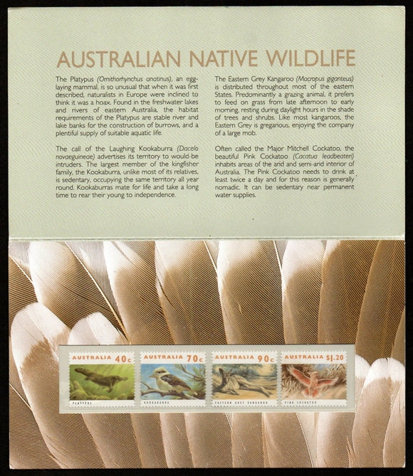 1993 Australia Australian Native Wildlife Set of 4 in Presentation Pack - Platypus, Birds, Parrot, Kangaroo #FT-62