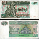 Myanmar 20 Kyats - 1994 P#72b AUNC Bank Note N#206619 #UCN695