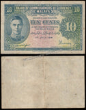 Malaya 10 Cents -1941 P#8 King George VI - XF Bank Note N#208691 #UCN705
