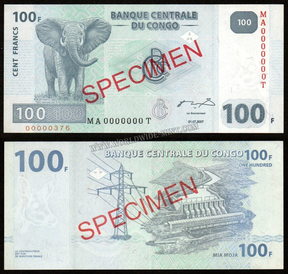 Congo 100 Francs Specimen 2007 UNC Currency Note #CN77
