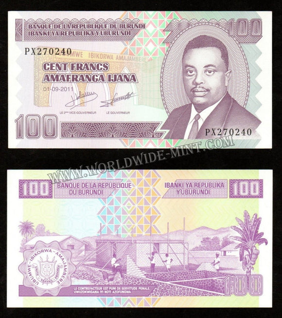 Burundi 100 Francs 2011 UNC Currency Note #CN903
