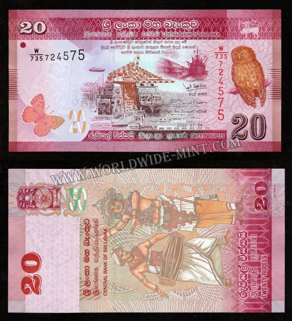 Sri Lanka 20 Rupees 2022 UNC Currency Note #CN920