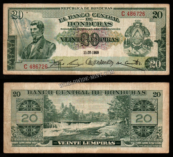 Honduras 20 Lempiras 1969 Fine Banknote - Extremely Rare #UCN952