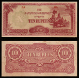 BURMA (MYANMAR) WWII - JAPANESE OCCUPATION - 10 RUPEES 1942-1944 P#16A2; BLOCK LETTERS: BA; WATERMARK; SMOOTH THIN PAPER; SHORT LINE; BA 7.5 MM WIDE; 60 MM SPACE BETWEEN XF+ Banknote #UCN959