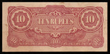 BURMA (MYANMAR) WWII - JAPANESE OCCUPATION - 10 RUPEES 1942-1944 P#16A2; BLOCK LETTERS: BA; WATERMARK; SMOOTH THIN PAPER; SHORT LINE; BA 7.5 MM WIDE; 60 MM SPACE BETWEEN XF+ Banknote #UCN959