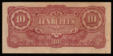 Burma (MYANMAR) WWII - JAPANESE OCCUPATION - 10 RUPEES 1942 - P#16b; Block letters: BA; No Watermark; silk threads; smooth paper; short line; BA 6.75 mm; 61-63 mm space between XF Banknote #UCN962