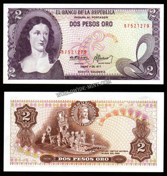 Colombia 2 Pesos 1977 UNC Bank Note #CN981