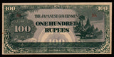 Burma (MYANMAR) WWII - JAPANESE OCCUPATION - 100 RUPEES 1944 P#17a; Block letters: BA; Watermark; BA 7.25 mm wide XF+ Bank Note #UCN988