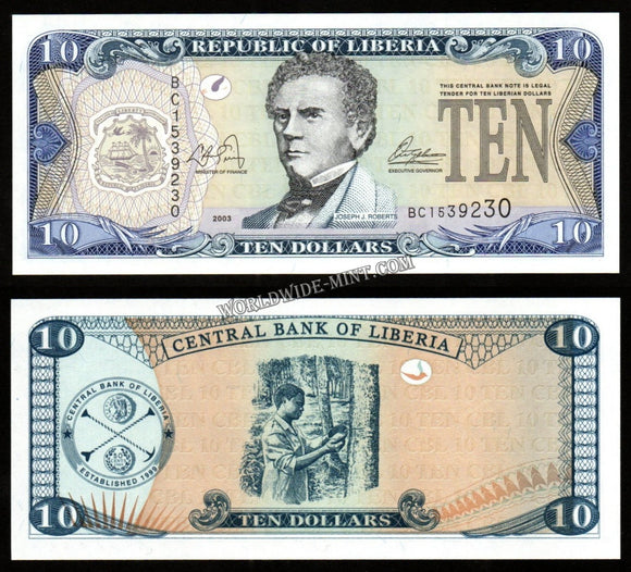Liberia 10 Dollars 2003 UNC Bank Note #CN990
