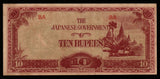 Myanmar 10 Rupees 1942-1944 Japanese Government (Japanese occupation) P#16a1; Block letters: BA; Watermark; smooth thick paper; long line; BA 8 mm wide; 65-66 mm space between Banknote #UCN992