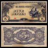 BURMA (MYANMAR) WWII - JAPANESE OCCUPATION - 5 Rupees 1942 - 1944 P#15b - Block letters BB XF Bank Note #UCN994