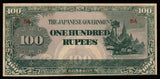 Burma (MYANMAR) WWII - JAPANESE OCCUPATION - 100 RUPEES 1944 P#17a; Block letters: BA; Watermark; BA 7.25 mm wide XF+ Bank Note #UCN999