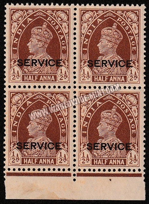 1937 - 1939 BRITISH INDIA - 1/2a Red - Brown (1938) - King George VI - Service W/M Multi Star Overprint: SERVICE Block of 4 MNH S.G:O132