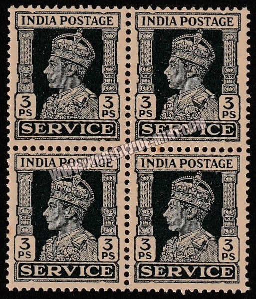 1939 - 1942 BRITISH INDIA - 3p Slate - King George VI - Service W/M Multi Star Block of 4 MNH S.G:O140
