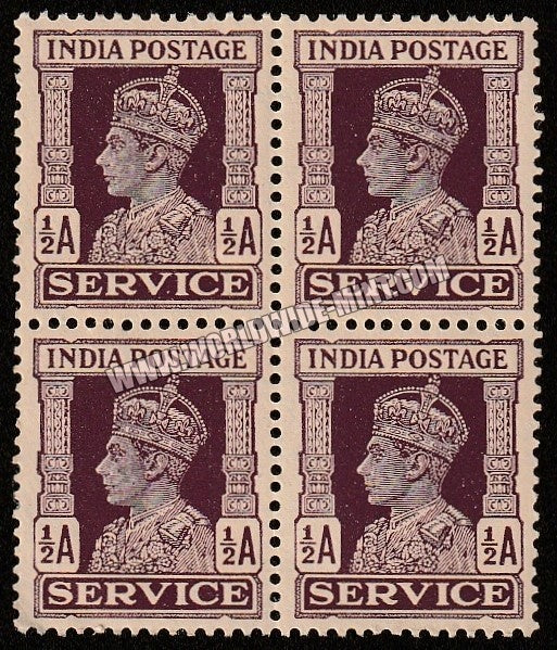 1939 - 1942 BRITISH INDIA - 1/2a Red - Brown - King George VI - Service W/M Multi Star Block of 4 MNH S.G:O141