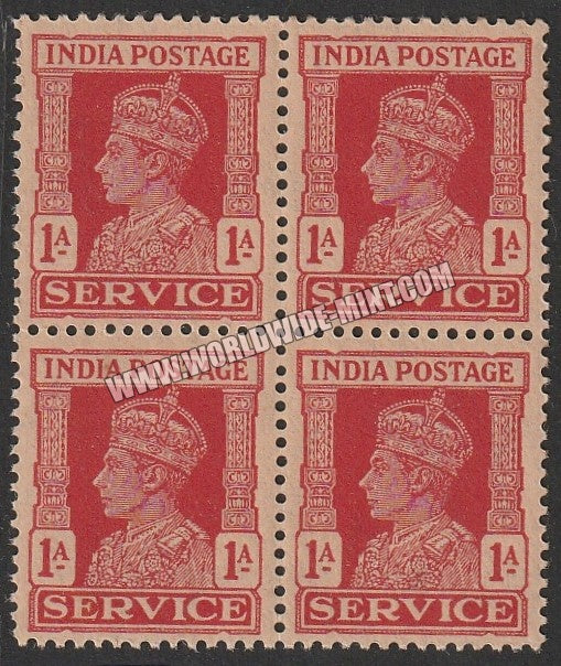 1939 - 1942 BRITISH INDIA - 1a Carmine - King George VI - Service W/M Multi Star Block of 4 MNH S.G:O144