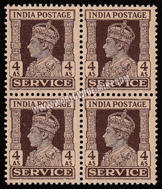 1939 - 1942 BRITISH INDIA - 4a Brown - King George VI - Service W/M Multi Star Block of 4 MNH S.G:O149