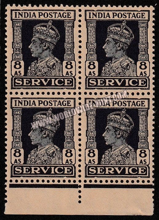 1939 - 1942 BRITISH INDIA - 8a Slate - Violet - King George VI - Service W/M Multi Star Block of 4 MNH S.G:O150
