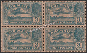 1929 BRITISH INDIA - 3a Blue - King George V, Air Mail Series Multi Star W/M Block of 4 MNH S.G:221