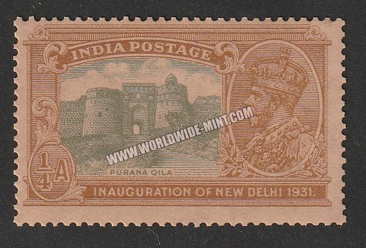 1931 BRITISH INDIA - 1/4 a Olive Green & Orange Brown - King George V, Inauguration of New Delhi - Purana Qila Multi Star W/M MNH S.G:226