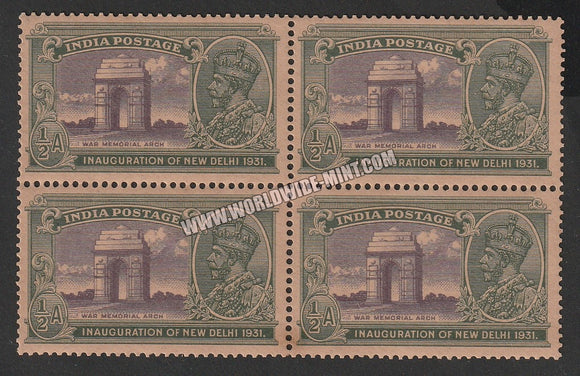1931 BRITISH INDIA - 1/2 a Violet & Green - King George V, Inauguration of New Delhi - War Memorial Arch India Gate Multi Star W/M Block of 4 MNH S.G:227