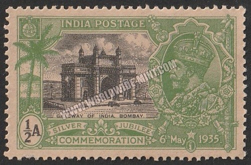 1935 BRITISH INDIA - 1/2 a Black & Yellow Green - King George V, Silver Jubilee - Gateway of India, Bombay Multi Star W/M MNH S.G:240