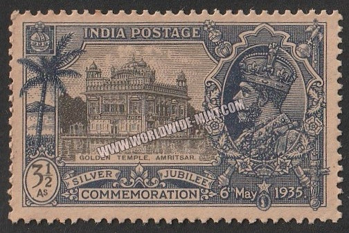 1935 BRITISH INDIA - 3 1/2 a Black & Dull Ultramarine - King George V, Silver Jubilee - Golden Temple, Amritsar Multi Star W/M MNH S.G:245