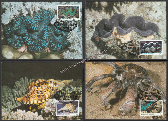 1986 Marshall Islands Marine Set of 4 WWF Official Maxim card - Sea Anemone, Crab, Shell #FE255