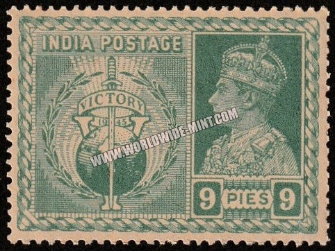 1946 BRITISH INDIA - 9p Yellow Green - King George VI, Victory of Allied Powers in WW II Multi Star W/M MNH S.G:278