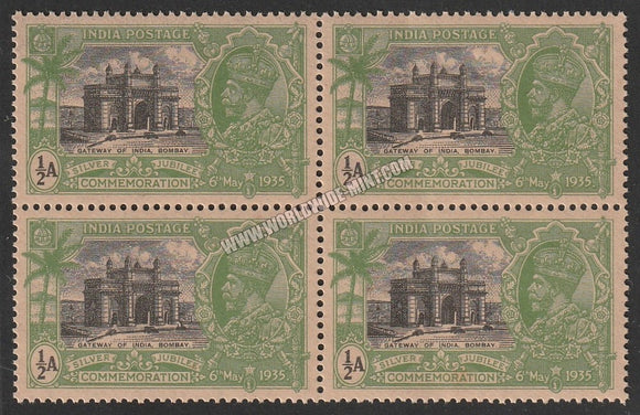 1935 BRITISH INDIA - 1/2 a Black & Yellow Green - King George V, Silver Jubilee - Gateway of India, Bombay Multi Star W/M Block of 4 MNH S.G:240