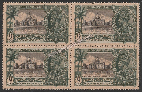 1935 BRITISH INDIA - 9p Black & Grey Green - King George V, Silver Jubilee - Victorial Memorial, Calcutta Multi Star W/M Block of 4 MNH S.G:241