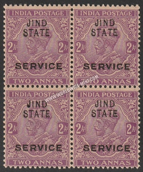 1922 Jind K.G. V Deep Mauve - 2a SG: 039b, £ 22 Block of 4 MNH